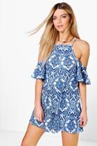 Boohoo Leila Off The Shoulder Porcelain Print Rompers Multi
