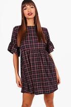 Boohoo Tama Tartan Check Ruffle Sleeve Smock Dress