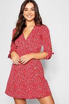 Boohoo Horn Button Tie Sleeve Tea Dress