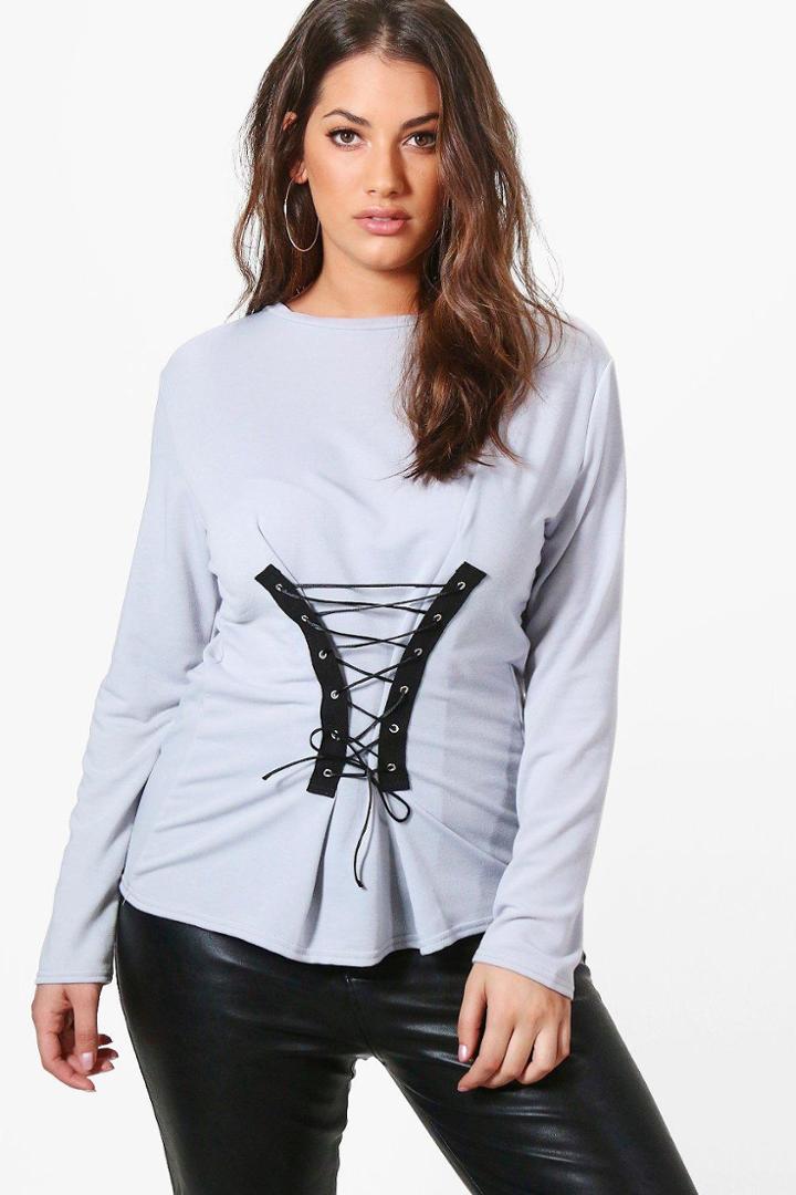 Boohoo Plus Maisie Corset Detail Sweat Top Grey