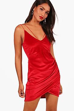 Boohoo Lisa Double Strap Wrap Detail Velvet Bodycon Dress