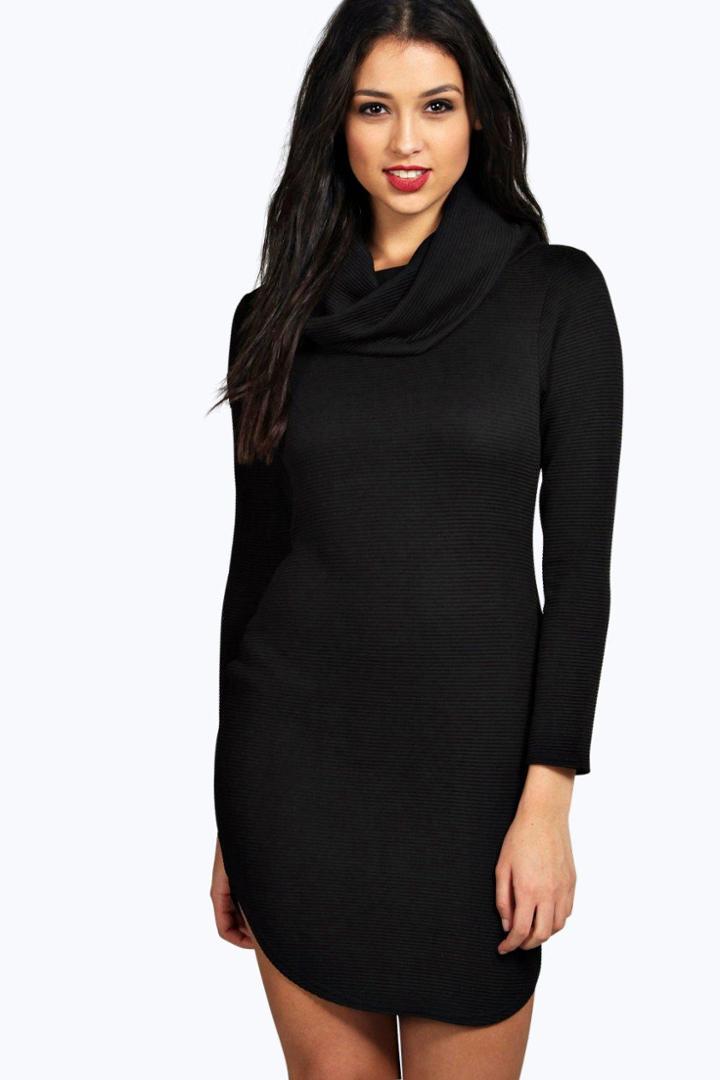 Boohoo Alisia Roll Neck Curved Hem Bodycon Dress Black