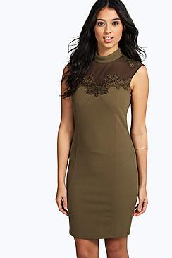 Boohoo Carla Crochet Lace Panel Mesh Bodycon Dress