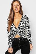 Boohoo Petite Leopard Print Knitted Knot Front Top