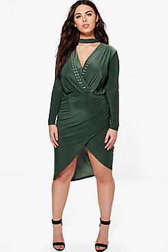 Boohoo Plus Lana Wrap Front Stud V Neck Midi Dress