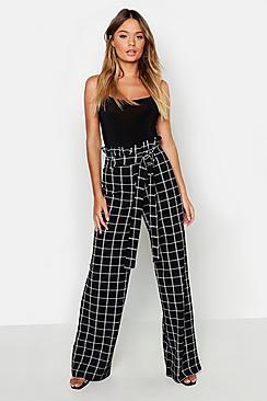 Boohoo Paperbag Waist Checked Wide Leg Trouser