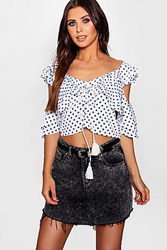 Boohoo Petite Alana Polka Dot Ruffle Top