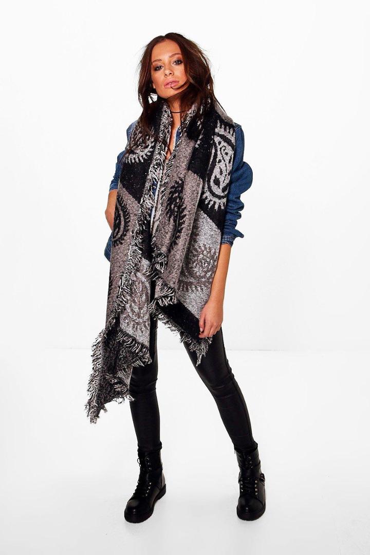 Boohoo Millie Paisley Print Fringed Cape Grey