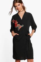 Boohoo Tall Lara Embroidered Wrap Front Dress Black