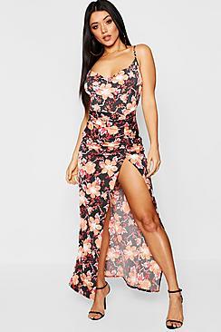 Boohoo Dark Floral Print Thigh Split Maxi Dress