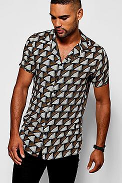 Boohoo Black Fan Print Short Sleeve Revere Shirt