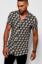 Boohoo Black Fan Print Short Sleeve Revere Shirt