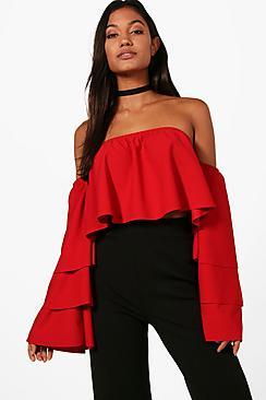 Boohoo Off The Shoulder Tiered Sleeve Top