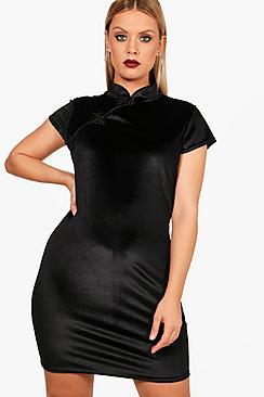 Boohoo Plus Lacey Velvet Mandarin Collar Dress