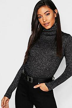 Boohoo Metallic Rib Knit Roll Neck Jumper