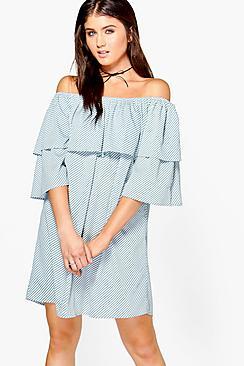 Boohoo Jaclyn Stripe Off Shoulder Shift Dress