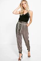 Boohoo Adalie Tie Waist Luxe Hareem Trousers Smoke