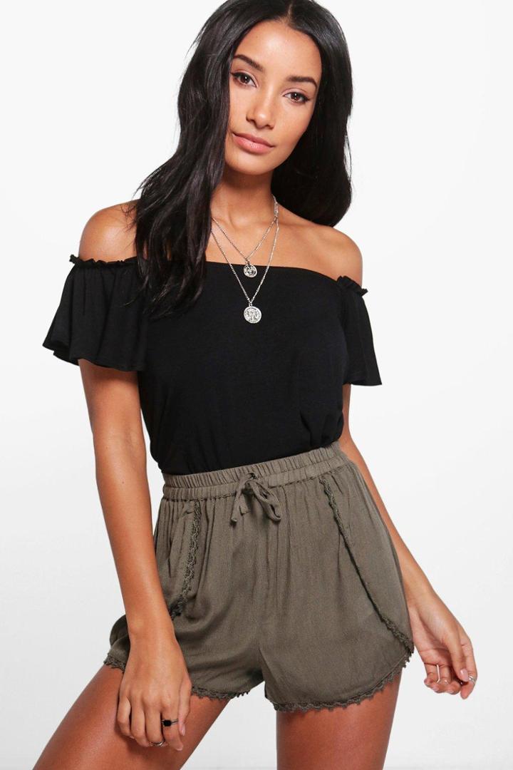 Boohoo Runa Crochet Trim Runner Shorts Khaki