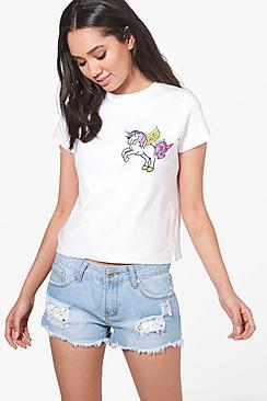Boohoo Petite Kelly Unicorn Embroidered Tee