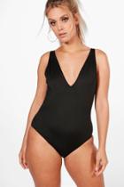 Boohoo Plus Sarah Basic Plunge Front Bathing Suit Black