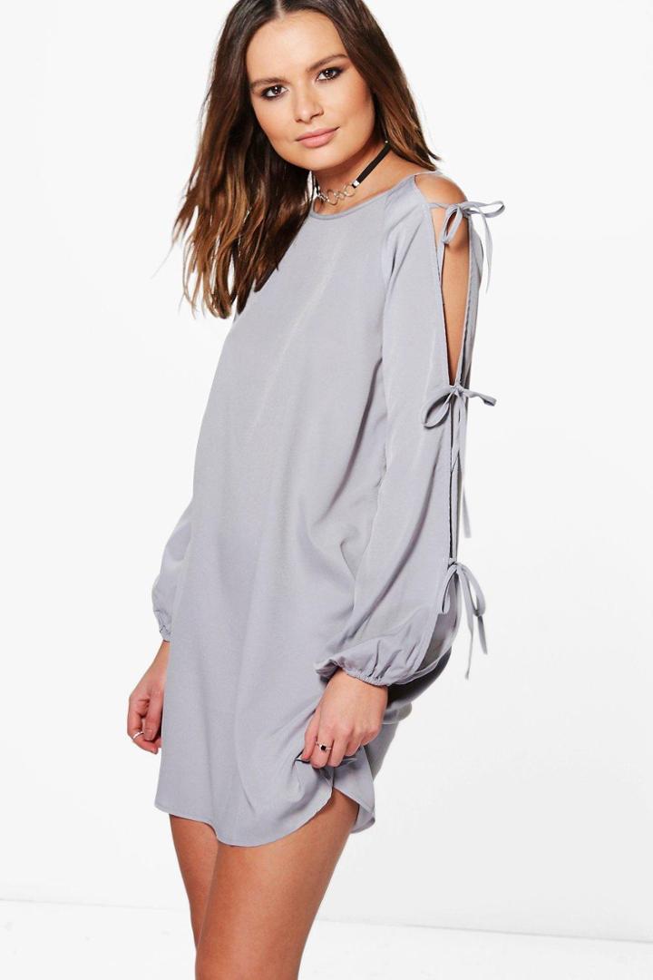 Boohoo Agnes Tie Detail Split Sleeve Shift Dress Dove