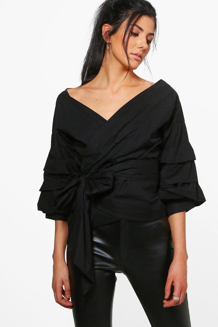 Boohoo Emily Ruffle Sleeve Woven Blouse Black