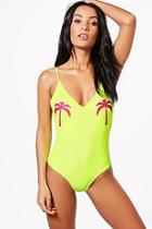 Boohoo Hawaii Palm Placement Scoop Back Swimsuit