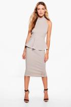 Boohoo Ash High Neck Contrast Detail Peplum Midi Dress Grey