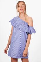 Boohoo Lydia Off The Shoulder Ruffle Shift Dress Blue