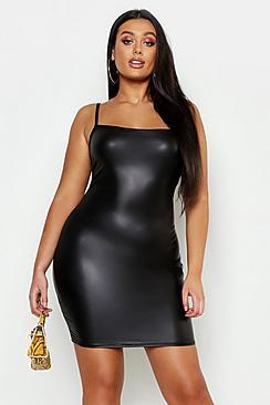 Boohoo Plus Square Neck Leather Look Mini Dress