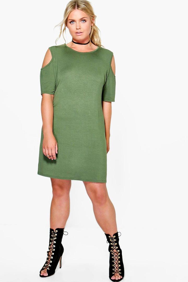 Boohoo Plus Amber Open Shoulder Shift Dress Khaki
