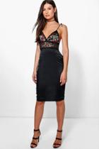 Boohoo Jenny Lace Rose Print Satin Bodycon Dress Black