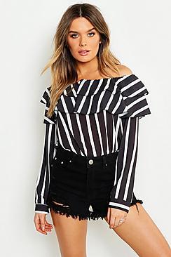 Boohoo Woven Stripe Ruffle One Shoulder Top
