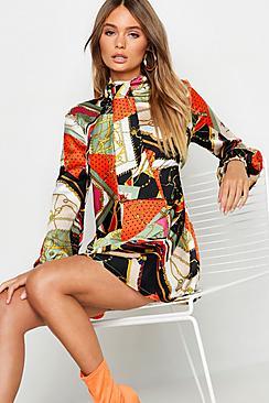 Boohoo Tie Neck Chain Print Skater Dress