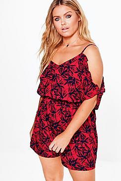 Boohoo Plus Ellie Tropical Printed Cold Shoulder Playsuit