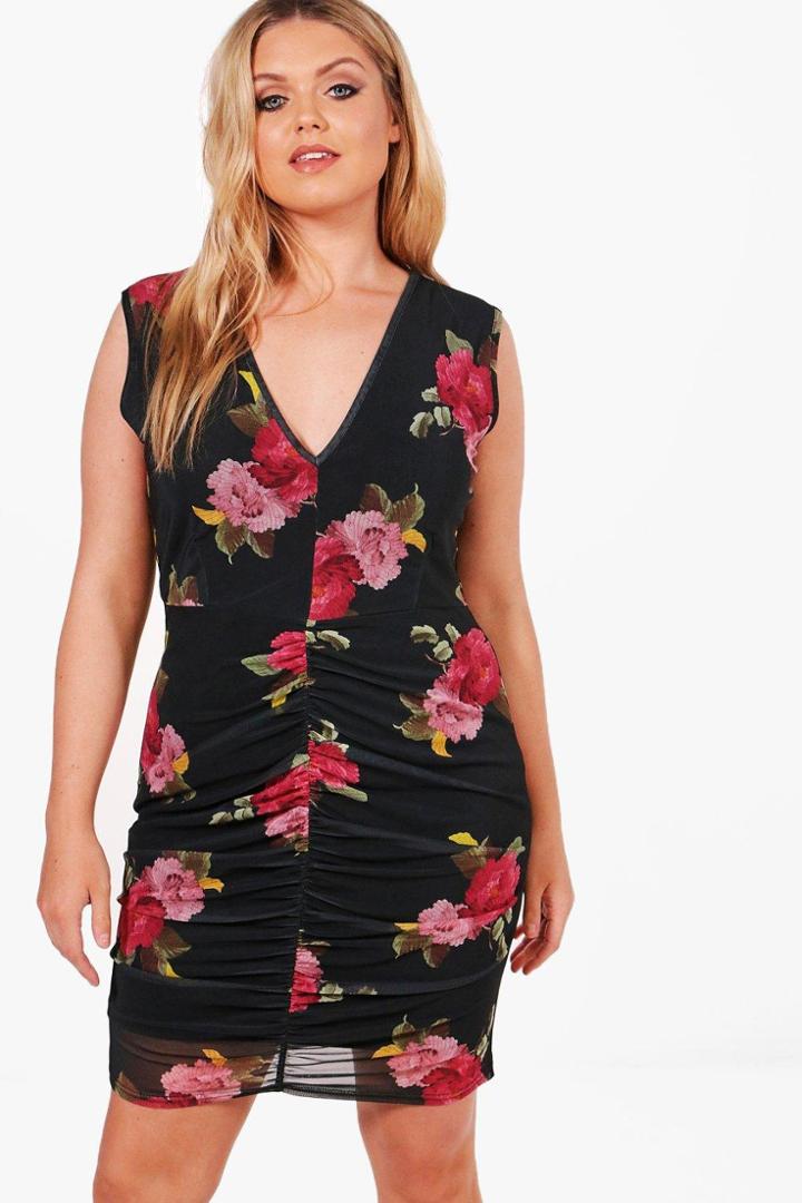 Boohoo Plus Sofia Floral Ruched Plunge Dress Multi