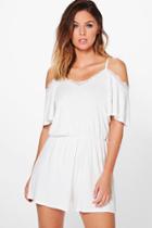 Boohoo Cara Eyelash Lace Cold Shoulder Playsuit Ivory