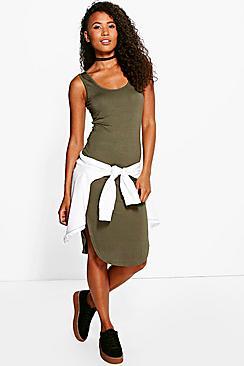 Boohoo Tia Scoop Neck Curved Hem Midi Bodycon Dress