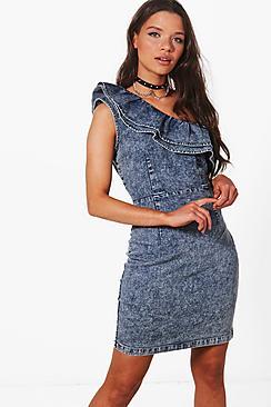 Boohoo One Shoulder Ruffle Denim Dress