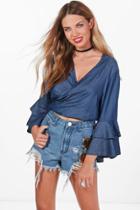Boohoo Went Wrap Front Ruffle Denim Top Blue