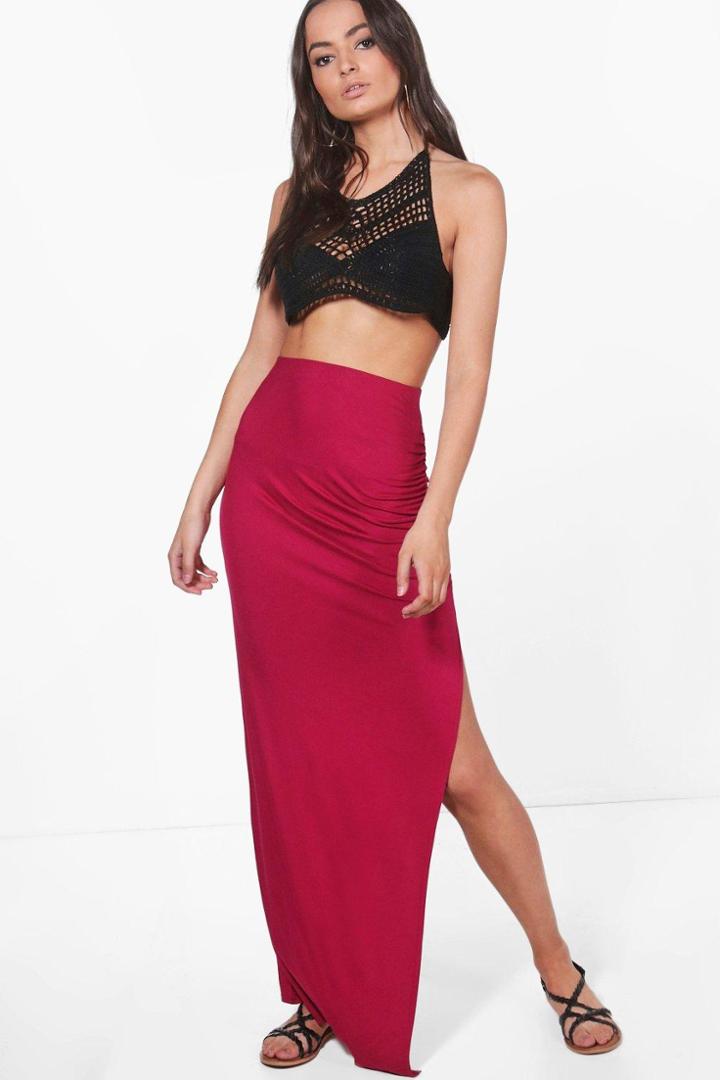 Boohoo Evelyn Rouched Side Split Jersey Maxi Skirt Magenta