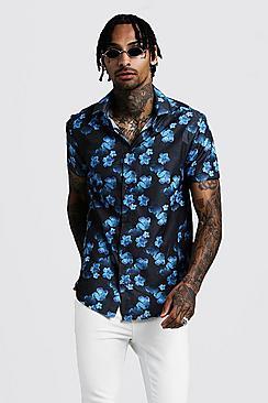 Boohoo Cobalt Floral Print Short Sleeve Shirt