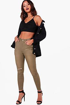 Boohoo Mae Khaki High Waist 5 Pocket Skinny Jeans