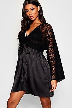 Boohoo Lace & Satin Tie Robe