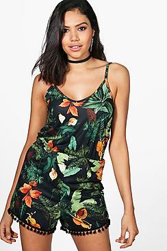 Boohoo Beth Pom Pom Palm Print Playsuit