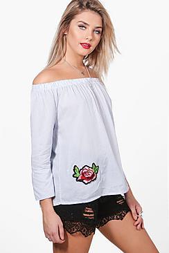 Boohoo Kylie Floral Applique Stripe Off The Shoulder Top