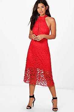 Boohoo Boutique Em Lace Panelled Midi Skater Dress