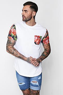 Boohoo Longline Floral Pocket And Sleeve T-shirt