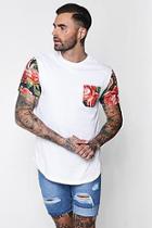Boohoo Longline Floral Pocket And Sleeve T-shirt
