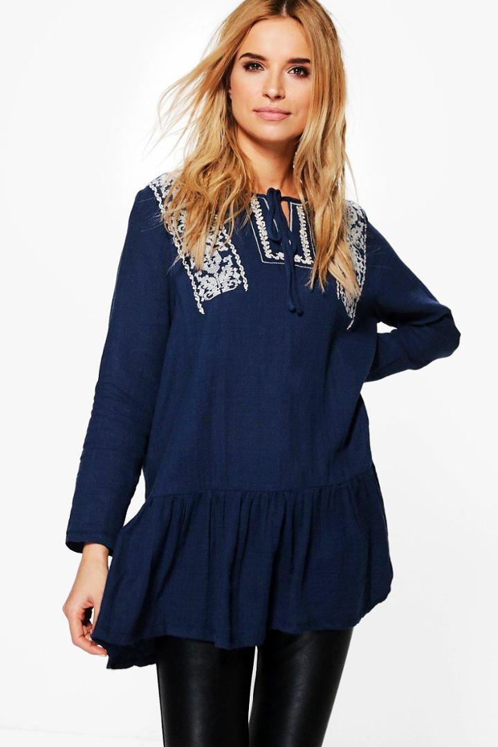 Boohoo Ellie Embroidered Frill Detail Smock Top Marine